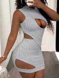 Women round neck irregular patch sexy mini dress