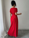 Women Red V-Neck Long Pleated Elegant Maxi Dress