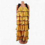 Plus Size Women Summer Pleated Skirt Color Block Cascading Ruffles Dress