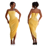 Women Sexy Off-Shoulder Strapless Pleated Bodycon Dress
