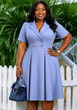 Plus Size Women Light Blue Striped Turndown Collar Dress
