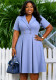 Plus Size Women Light Blue Striped Turndown Collar Dress