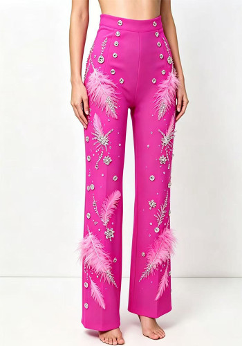 Women rhinestone feather Casual wide-leg Pant