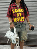 Women Summer Casual Plaid Letter Print Turndown Collar Short-Sleeve Shirt