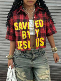 Women Summer Casual Plaid Letter Print Turndown Collar Short-Sleeve Shirt