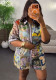 Women Summer Printed Short-Sleeved Shirt and Drawstring Shorts Casual Two-Piece Set