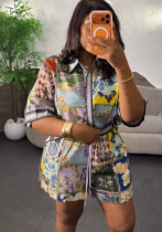 Women Summer Printed Short-Sleeved Shirt and Drawstring Shorts Casual Two-Piece Set Women Summer Printed Short-Sleeved Shirt and Drawstring Shorts Casual Two-Piece Set