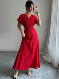 Women Red V-Neck Long Pleated Elegant Maxi Dress