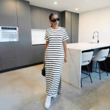 Women Casual Striped Round Neck Short Sleeve Slit Dress