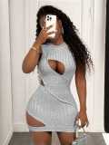 Women round neck irregular patch sexy mini dress