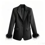 Women pink feather blazer and pant two-piece set