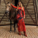 Women Sexy Mesh Print Beaded Dress