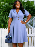Plus Size Women Light Blue Striped Turndown Collar Dress