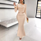 Women Elegant Sexy Formal Party dress, slash shoulder long-sleeved top and gathered fishtail skirt two-piece set