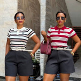 Women Summer Polo Color Block Top and Shorts Casual Two-Piece Set