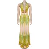 Women Summer Casual Print V-Neck Backless Dress