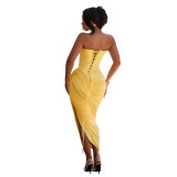 Women Sexy Off-Shoulder Strapless Pleated Bodycon Dress