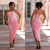 Women Sexy Off-Shoulder Strapless Pleated Bodycon Dress
