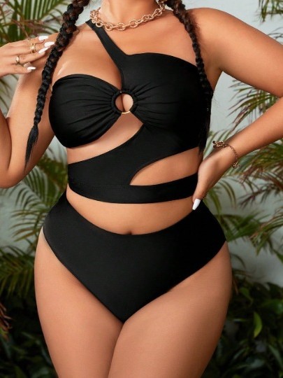 Plus Size One-Shoulder Hollow-Out Two-Piece Swimsuit