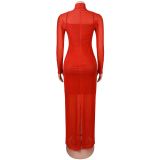 Women Sexy Mesh Print Beaded Dress