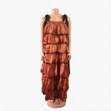 Plus Size Women Summer Pleated Skirt Color Block Cascading Ruffles Dress