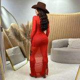 Women Sexy Mesh Print Beaded Dress