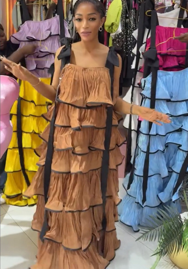 Plus Size Women Summer Pleated Skirt Color Block Cascading Ruffles Dress