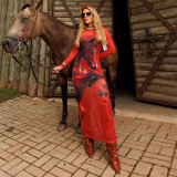 Women Sexy Mesh Print Beaded Dress