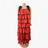 Plus Size Women Summer Pleated Skirt Color Block Cascading Ruffles Dress