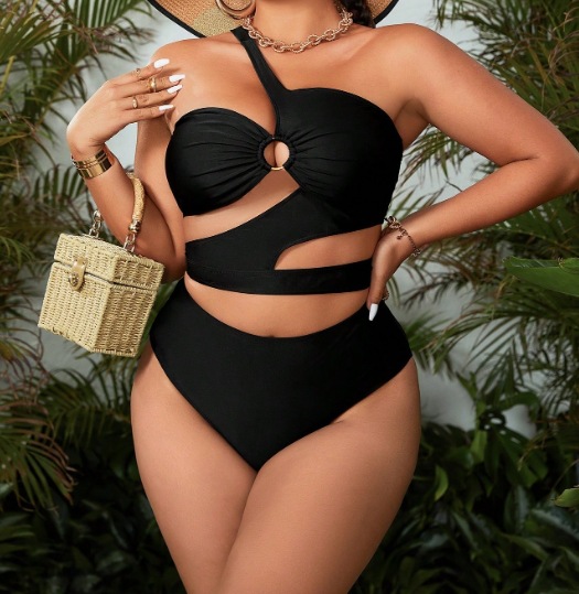 Plus Size One-Shoulder Hollow-Out Two-Piece Swimsuit
