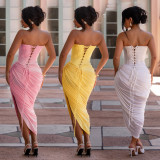 Women Sexy Off-Shoulder Strapless Pleated Bodycon Dress