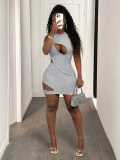 Women round neck irregular patch sexy mini dress
