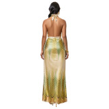 Women Summer Casual Print V-Neck Backless Dress