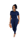 Women Summer Round Neck Short-Sleeve Top and Pants Two-Piece Set