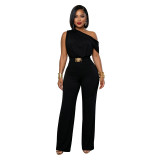Women Elegant Slash Shoulder Belt Jumpsuit