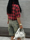 Women Summer Casual Plaid Letter Print Turndown Collar Short-Sleeve Shirt