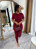Women Summer Round Neck Short-Sleeve Top and Pants Two-Piece Set