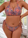 Plus Size Women Summer Sexy Floral Adjustable Tie-Up Two-Piece Swimwear