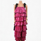 Plus Size Women Summer Pleated Skirt Color Block Cascading Ruffles Dress