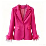 Women pink feather blazer and pant two-piece set