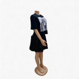 Plus size Women summer round neck short-sleeved T-shirt and skirt two-piece set