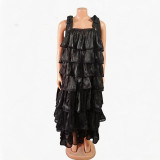 Plus Size Women Summer Pleated Skirt Color Block Cascading Ruffles Dress