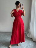 Women Red V-Neck Long Pleated Elegant Maxi Dress