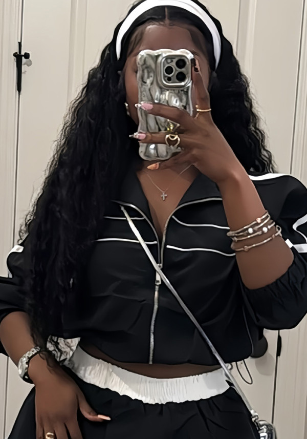 Women Sexy Long Sleeve Zipper Color Block Top Jacket