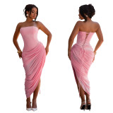 Women Sexy Off-Shoulder Strapless Pleated Bodycon Dress
