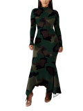 Women Autumn/Winter Camouflage Print Long Sleeve Knitting Fishtail Bodycon Dress