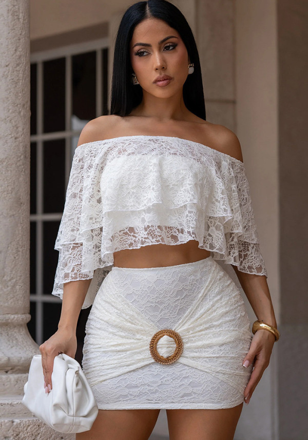 Women Sexy Lace Strapless Crop Top and Skirt Two-Piece Set