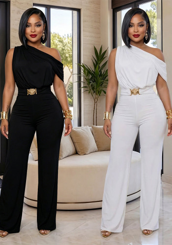 Women Elegant Slash Shoulder Belt Jumpsuit