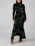 Women Autumn/Winter Camouflage Print Long Sleeve Knitting Fishtail Bodycon Dress