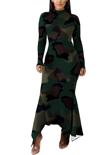Women Autumn/Winter Camouflage Print Long Sleeve Knitting Fishtail Bodycon Dress
